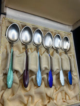 Load image into Gallery viewer, Spoon Set, Set of Six, Sterling Silver with Guilloche Enamel, Demitasse, Hestenes Norway
