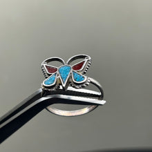 Load image into Gallery viewer, Ring, Sterling Silver, Turquoise/Red Coral Butterfly, Native American, Size 8 1/2
