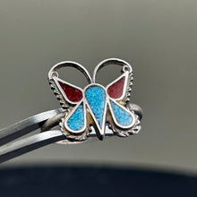 Load image into Gallery viewer, Ring, Sterling Silver, Turquoise/Red Coral Butterfly, Native American, Size 8 1/2
