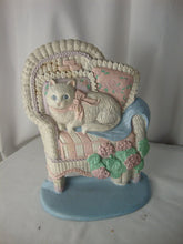 Load image into Gallery viewer, Vintage Midwest Cast Iron White Cat in Wicker Chair with Flower Doorstop
