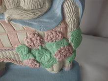 Load image into Gallery viewer, Vintage Midwest Cast Iron White Cat in Wicker Chair with Flower Doorstop
