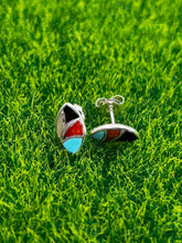 Load image into Gallery viewer, Earrings, Sterling Silver, Turquoise/Onyx/Carnelian Marquis, Native American, Thurza Leekya
