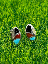 Load image into Gallery viewer, Earrings, Sterling Silver, Turquoise/Onyx/Carnelian Marquis, Native American, Thurza Leekya

