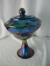 Load image into Gallery viewer, Vintage Blue Carnival Harvest Grape Motif Footed Candy Dish with Lid
