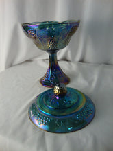 Load image into Gallery viewer, Vintage Blue Carnival Harvest Grape Motif Footed Candy Dish with Lid
