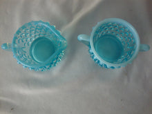 Load image into Gallery viewer, Vintage Unmarked Fenton Aqua Blue Opal Hobnail Small Creamer and Sugar Set
