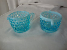 Load image into Gallery viewer, Vintage Unmarked Fenton Aqua Blue Opal Hobnail Small Creamer and Sugar Set
