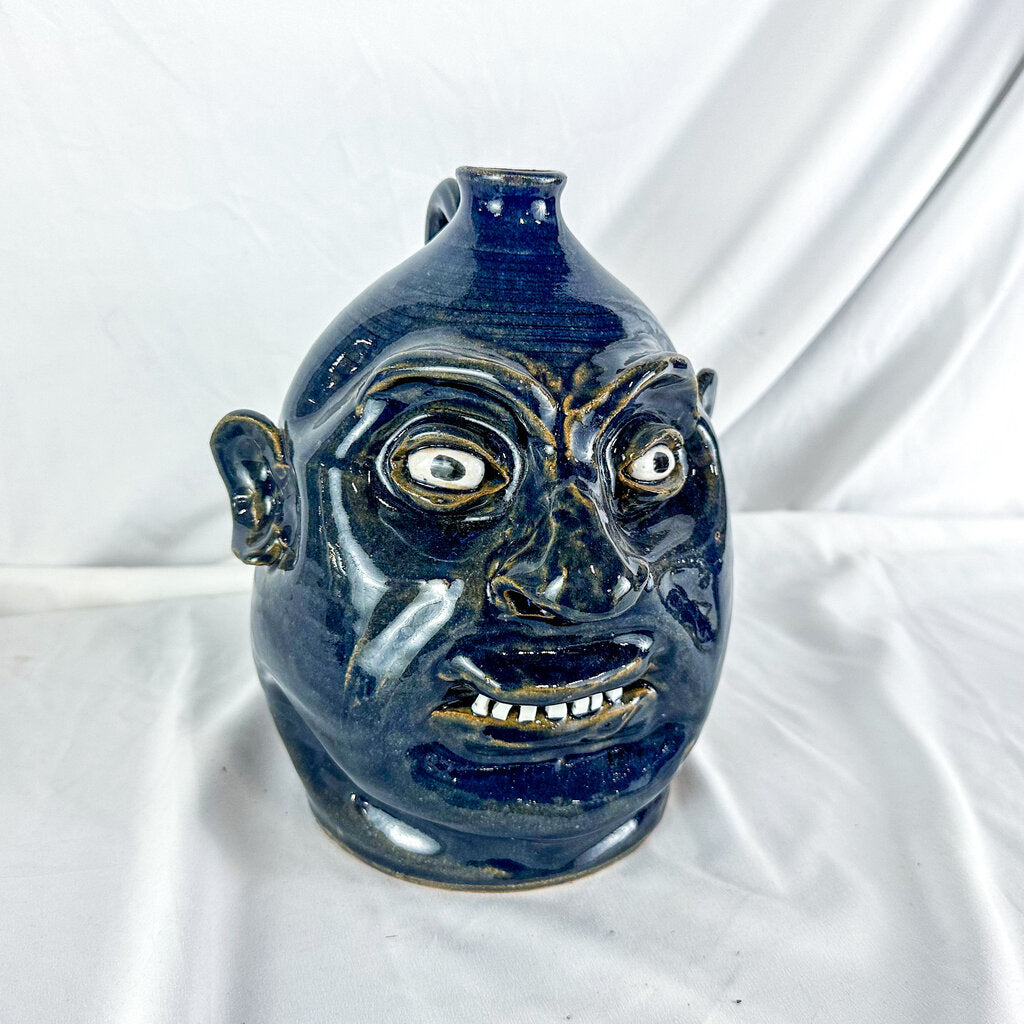 Large Double-Signed Marvin Bailey Blue 7-Tooth Face Jug