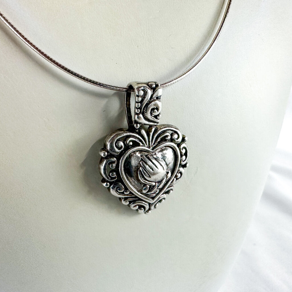Vintage Sterling Silver Praying Hands Heart Pendant, Pendant Only, No Chain