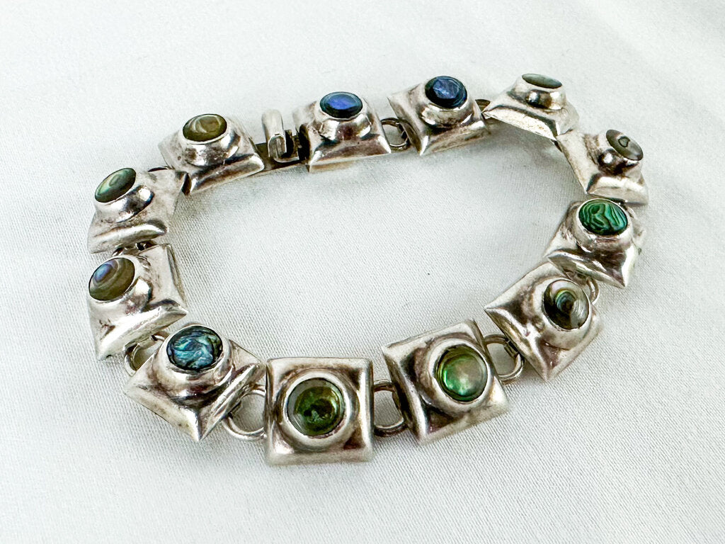 Vintage Sterling Silver & Mother of Pearl Square Link Bracelet