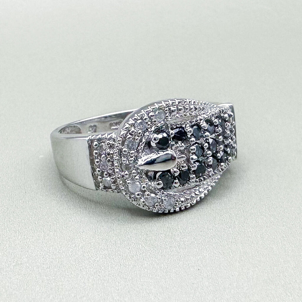 Vintage 10K White Gold Diamond Buckle Ring, Size 8