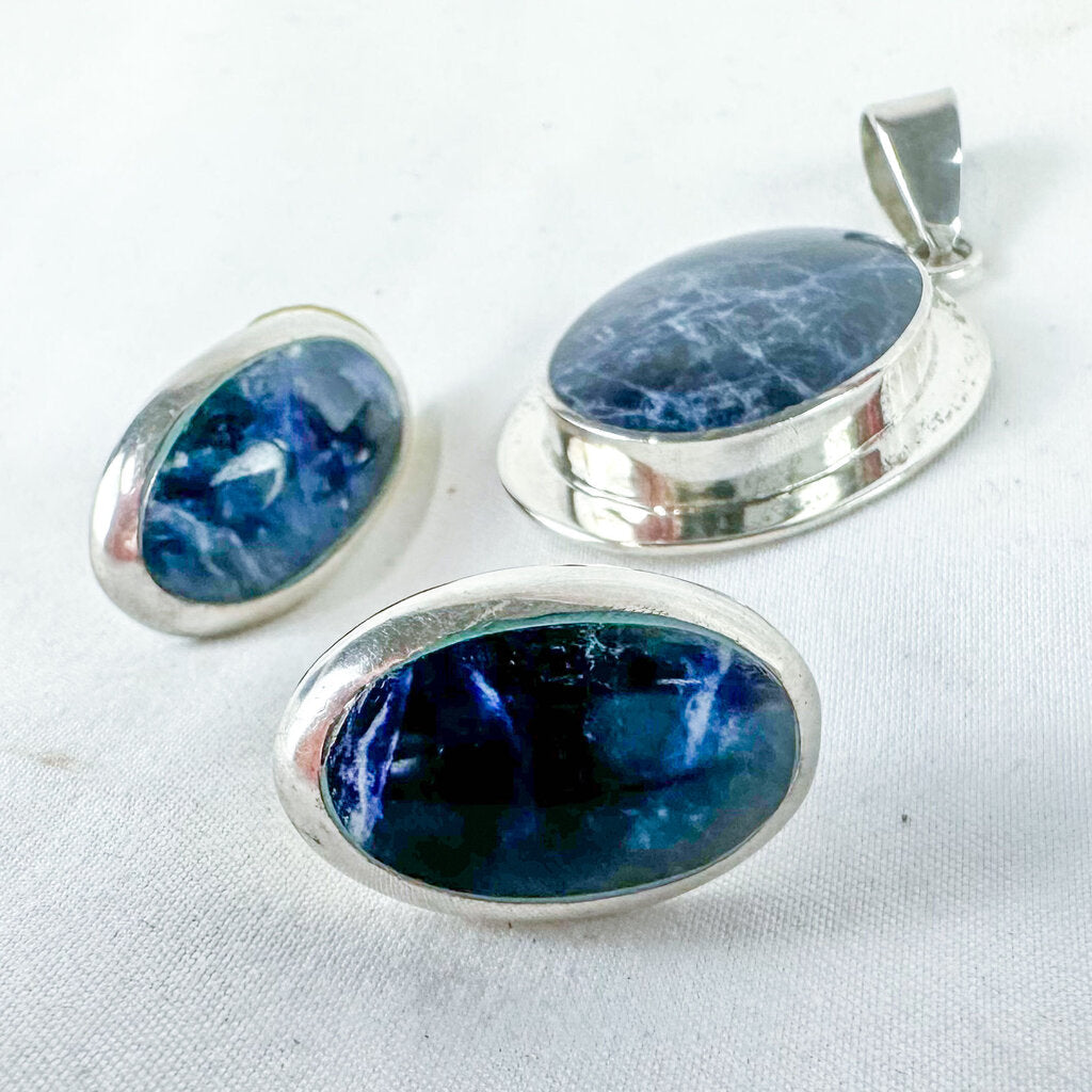 Vintage Sterling Silver and Lapis Lazuli Earring & Pendant Set, No Chain