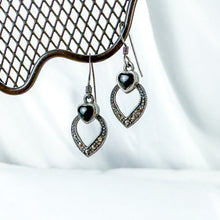 Load image into Gallery viewer, Vintage Sterling Silver, Hematite, and Onyx Dangling Heart Earrings
