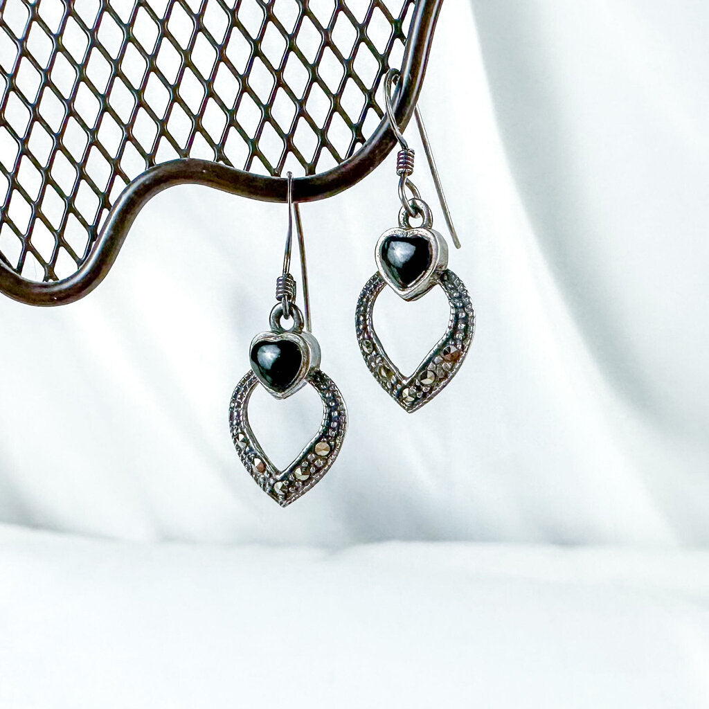 Vintage Sterling Silver, Hematite, and Onyx Dangling Heart Earrings