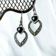 Load image into Gallery viewer, Vintage Sterling Silver, Hematite, and Onyx Dangling Heart Earrings
