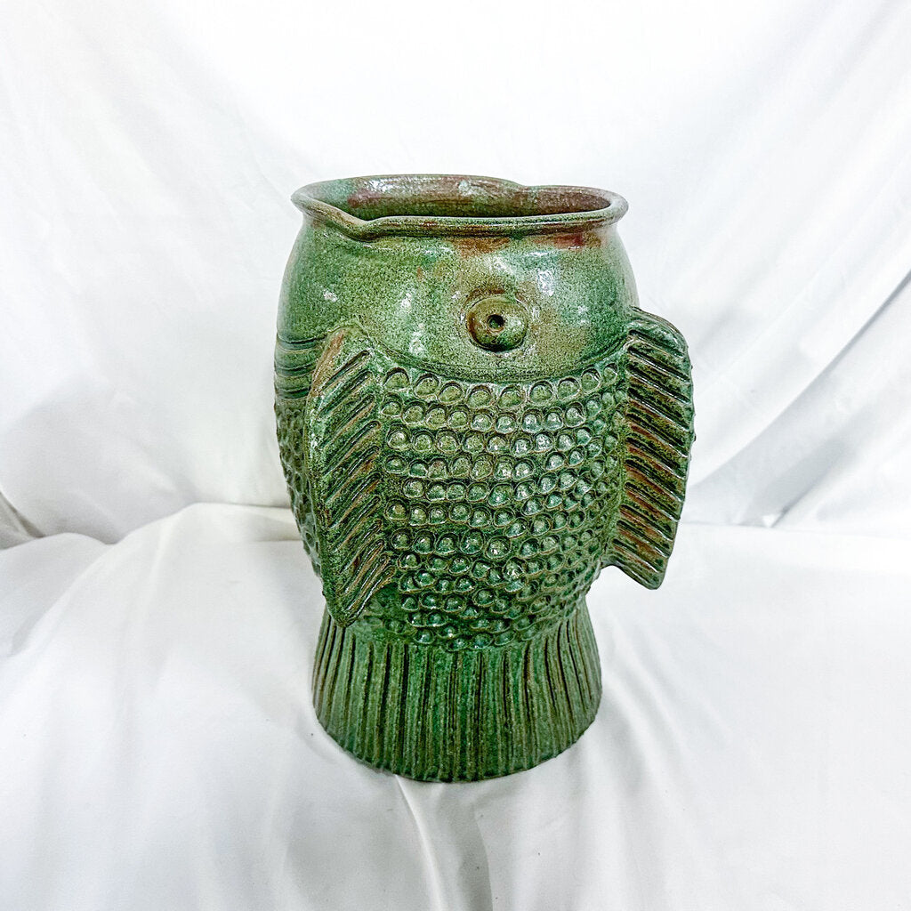 1999 Signed Kim Black Primitive-Style Green Fish Vase