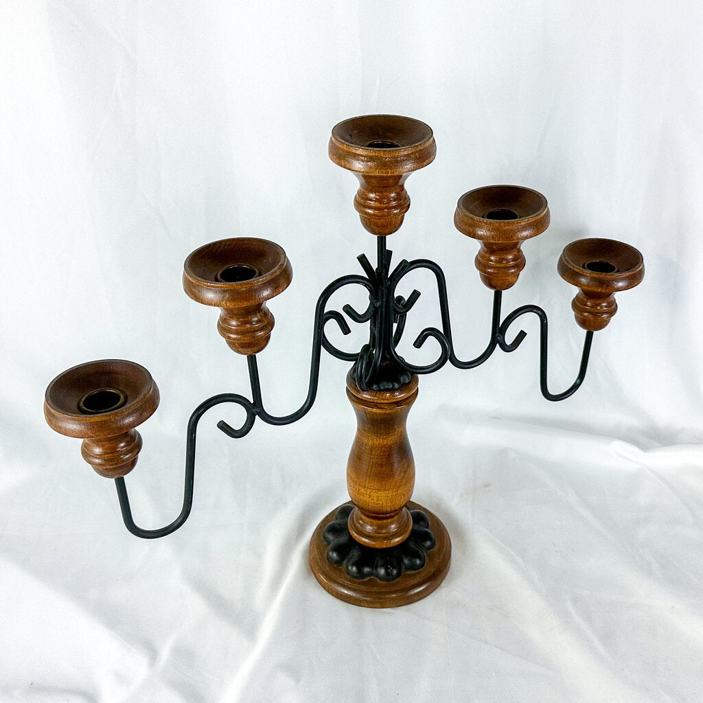 1960s Wood & Wrought Iron 5-Candle Candelabra