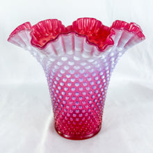 Load image into Gallery viewer, Vintage Fenton Cranberry Opalescent Hobnail Large Ruffled Top Vase
