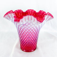 Load image into Gallery viewer, Vintage Fenton Cranberry Opalescent Hobnail Large Ruffled Top Vase
