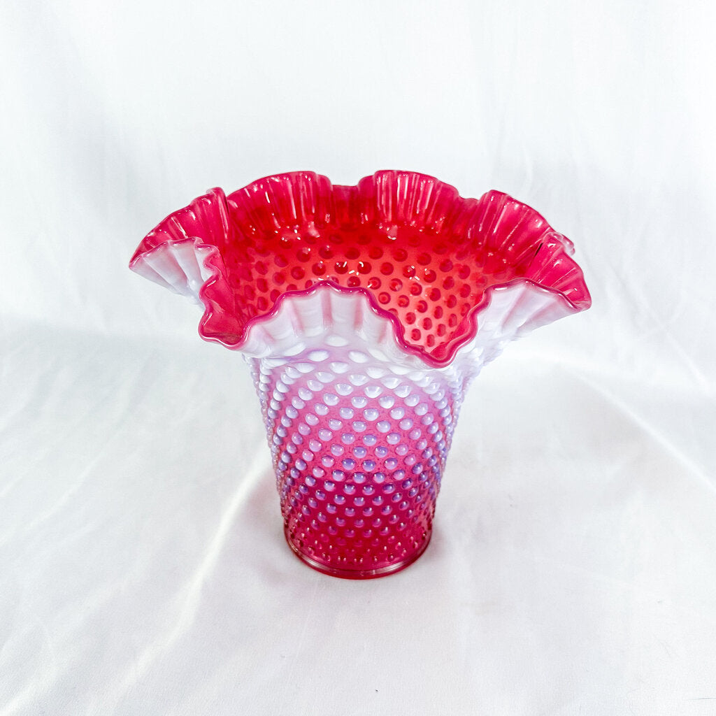 Vintage Fenton Cranberry Opalescent Hobnail Large Ruffled Top Vase