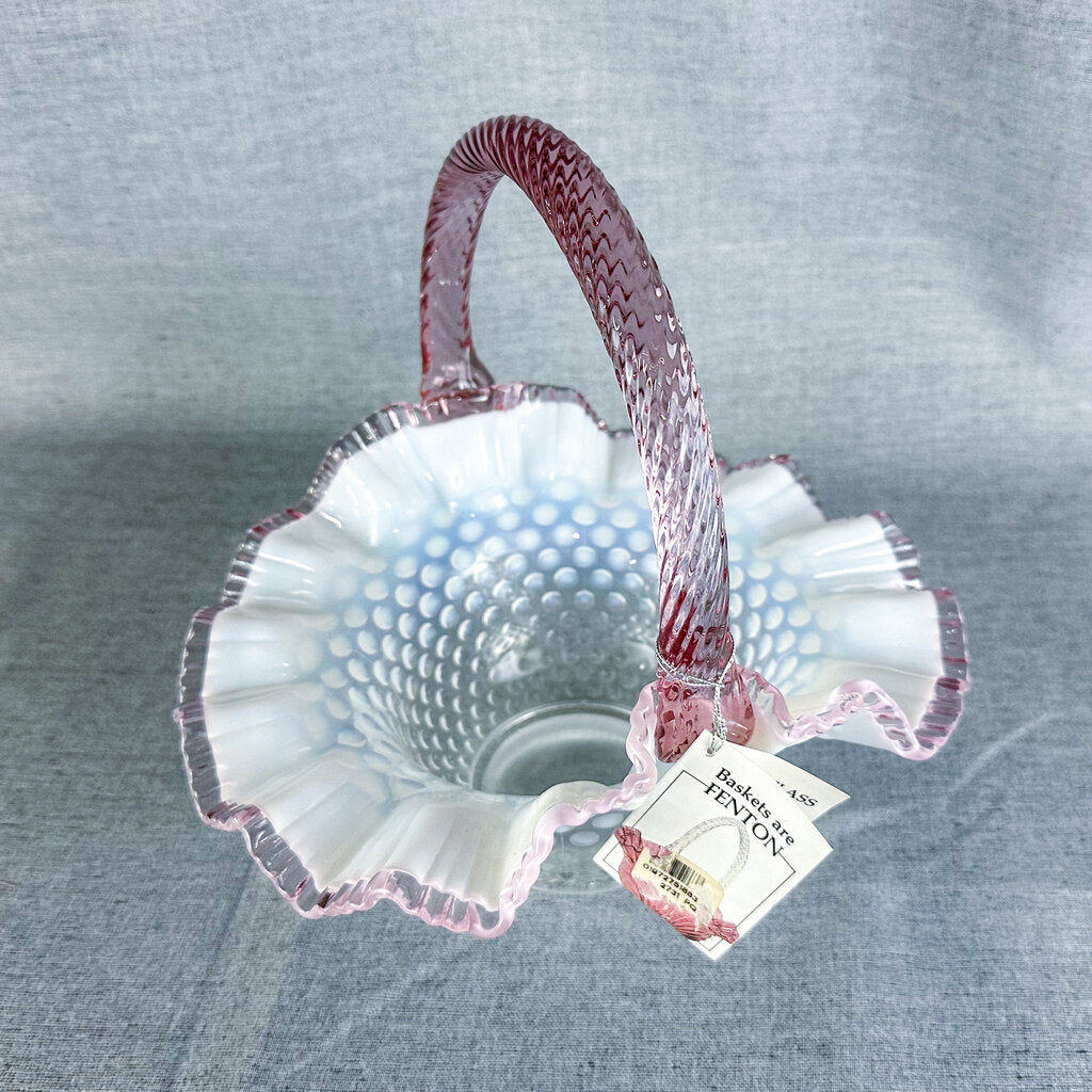 Vintage Fenton Clear Opalescent Hobnail Pink Crested Glass Basket