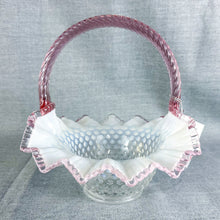 Load image into Gallery viewer, Vintage Fenton Clear Opalescent Hobnail Pink Crested Glass Basket
