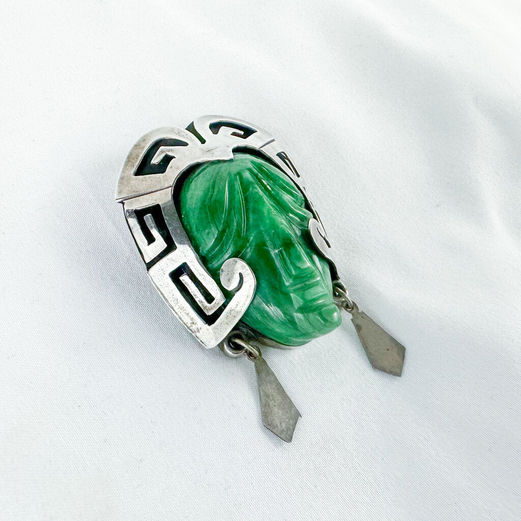 Vintage Mexican Sterling Silver Taxco Carved Warrior Pendant Brooch