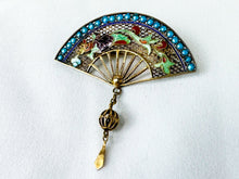 Load image into Gallery viewer, Vintage Toned Sterling Silver East Asian Fire-Breathing Bird Fan Brooch with Dangle
