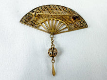 Load image into Gallery viewer, Vintage Toned Sterling Silver East Asian Fire-Breathing Bird Fan Brooch with Dangle
