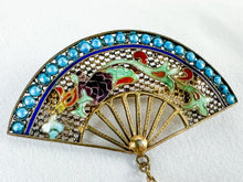 Load image into Gallery viewer, Vintage Toned Sterling Silver East Asian Fire-Breathing Bird Fan Brooch with Dangle
