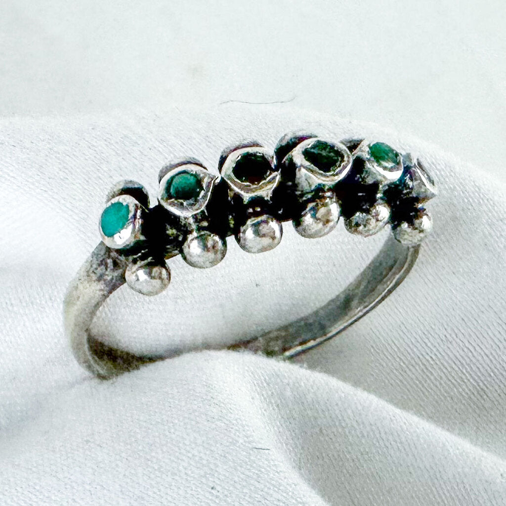 Vintage Sterling Silver Ring with 6 Green Stones, Size 7.75, Tested