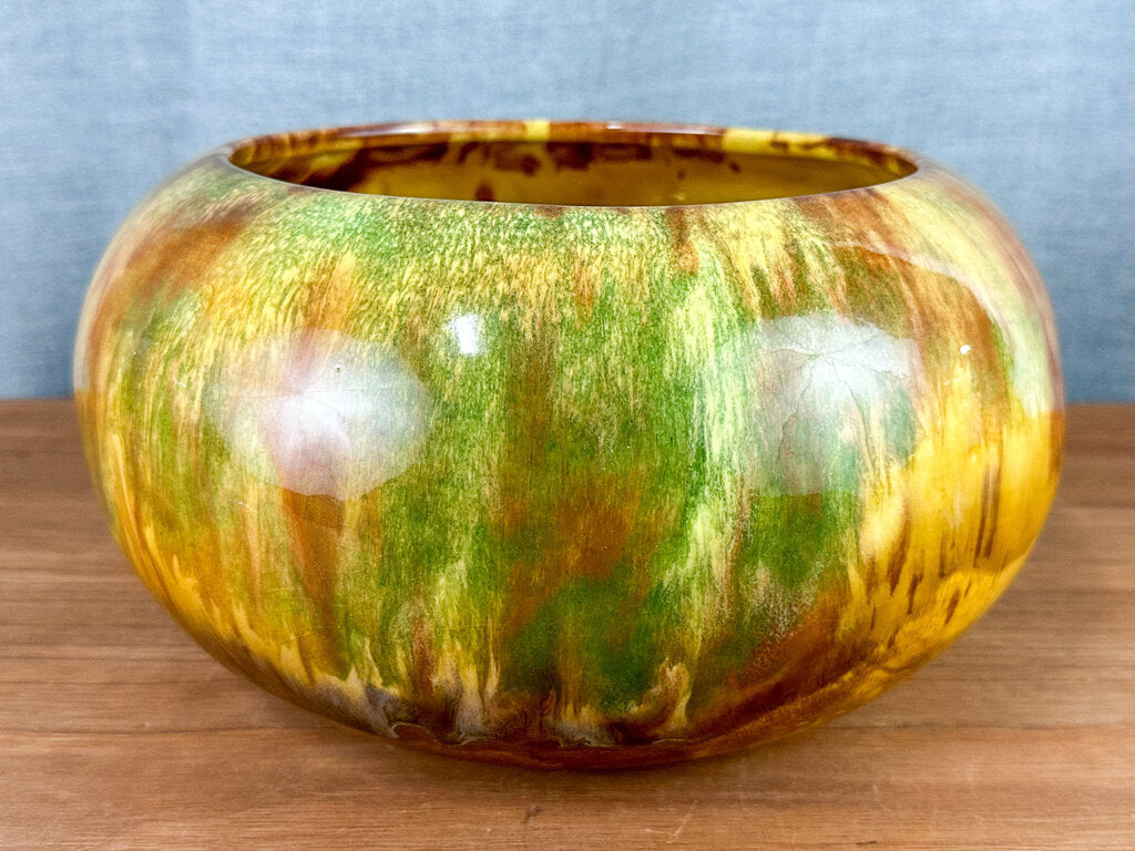 Vintage Unmarked Mustard Yellow, Green & Brown Hand-Turned Pottery Bowl