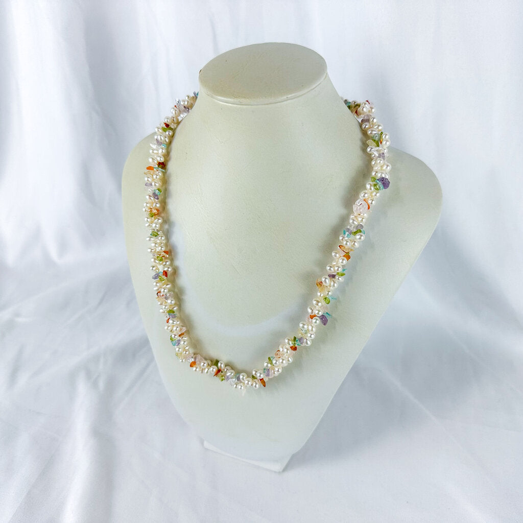 Vintage Twisted Double Strand Freshwater Pearl & Semi-Precious Stone Necklace