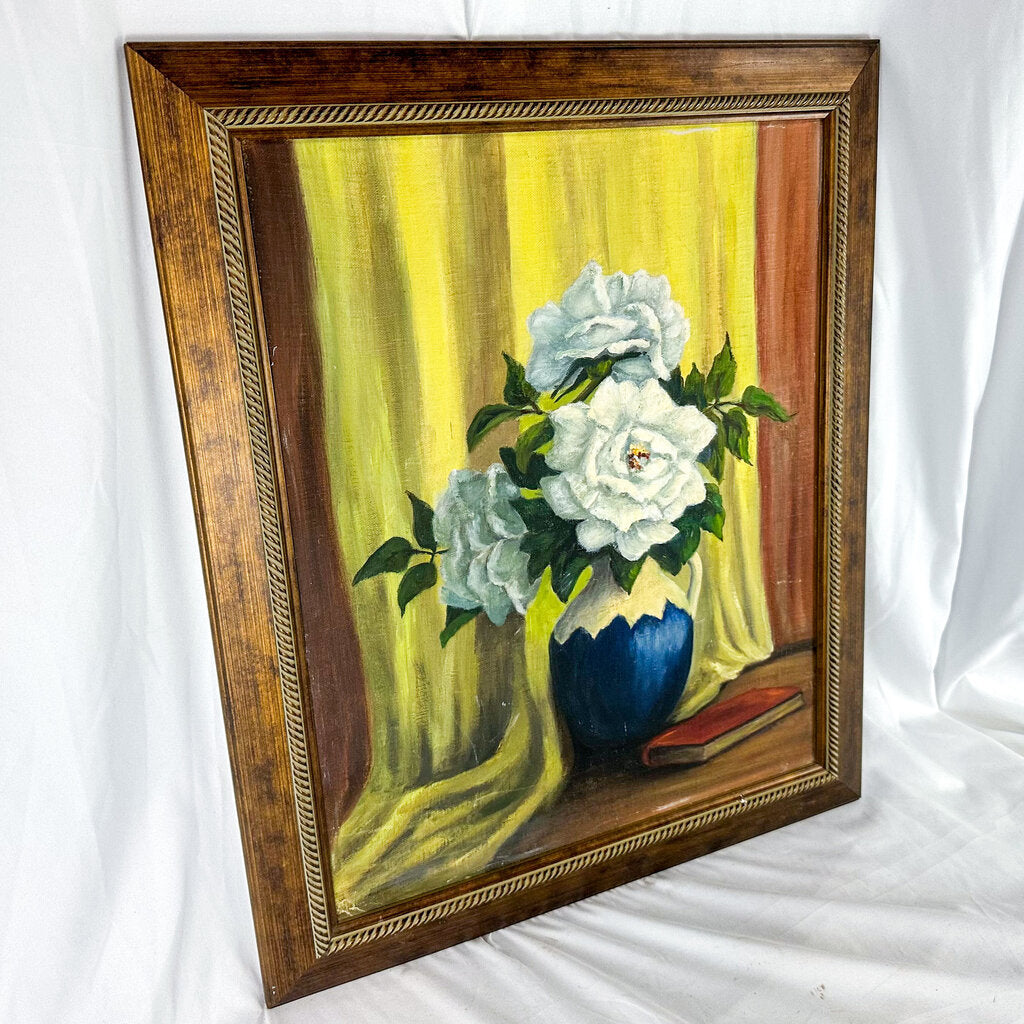 Framed Original Oil on Canvas Board Magnolia Flower with Book Still-Life Painting