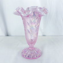 Load image into Gallery viewer, 2005 Fenton Glass 100 Year Anniversary Pink Iridescent Palm Leaf Ruffle Edge Pedestal Vase
