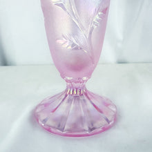 Load image into Gallery viewer, 2005 Fenton Glass 100 Year Anniversary Pink Iridescent Palm Leaf Ruffle Edge Pedestal Vase
