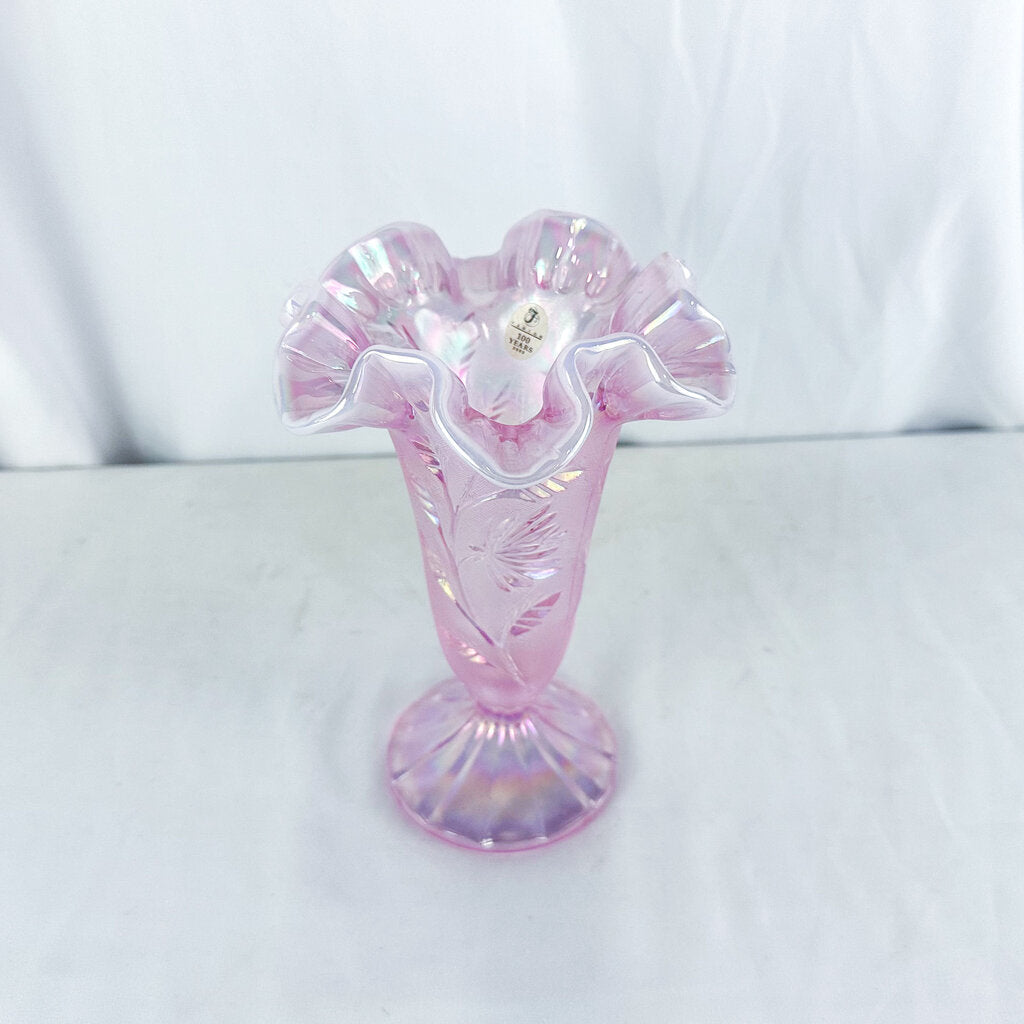 2005 Fenton Glass 100 Year Anniversary Pink Iridescent Palm Leaf Ruffle Edge Pedestal Vase