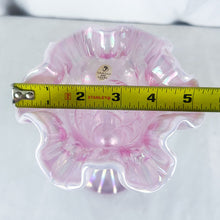 Load image into Gallery viewer, 2005 Fenton Glass 100 Year Anniversary Pink Iridescent Palm Leaf Ruffle Edge Pedestal Vase
