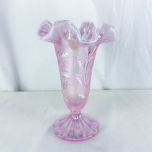 Load image into Gallery viewer, 2005 Fenton Glass 100 Year Anniversary Pink Iridescent Palm Leaf Ruffle Edge Pedestal Vase
