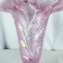 Load image into Gallery viewer, 2005 Fenton Glass 100 Year Anniversary Pink Iridescent Palm Leaf Ruffle Edge Pedestal Vase
