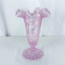 Load image into Gallery viewer, 2005 Fenton Glass 100 Year Anniversary Pink Iridescent Palm Leaf Ruffle Edge Pedestal Vase
