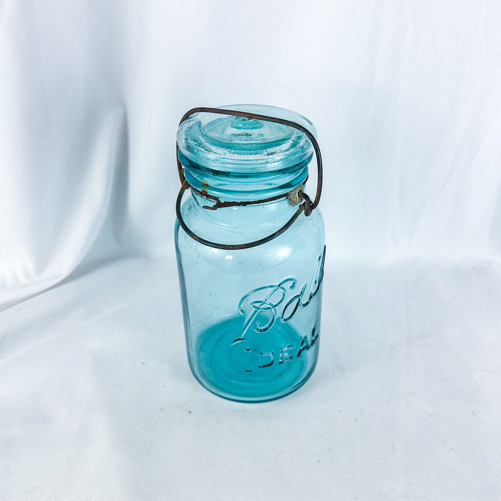 Vintage to Antique 1923-1933 Blue-Tinted Ball Ideal Mason Jar with Original Lid