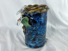 Load image into Gallery viewer, Hand-made Blue Ceramic Vase with Morning Glories, Unsigned
