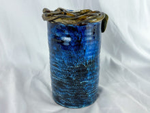 Load image into Gallery viewer, Hand-made Blue Ceramic Vase with Morning Glories, Unsigned
