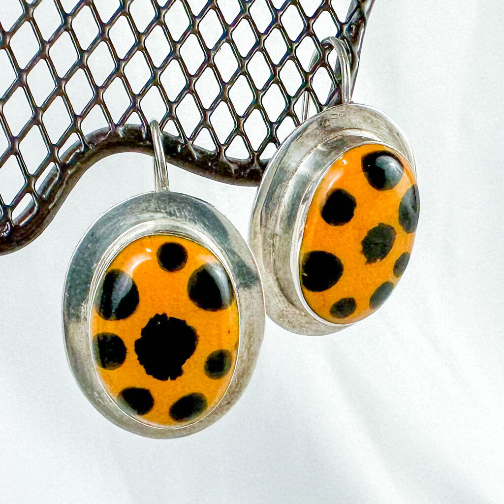 Vintage Sterling Silver Orange & Black Spot Enamel Earrings