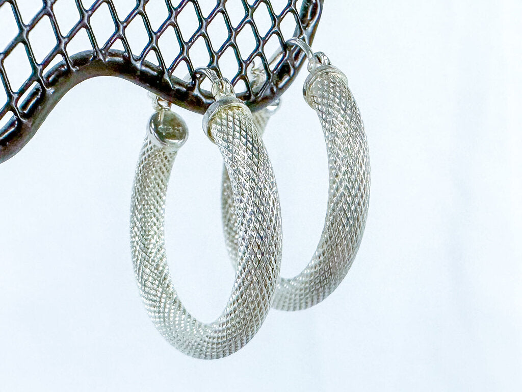 Vintage Solid Sterling Silver Textured 1.2-inch Hoop Earrings