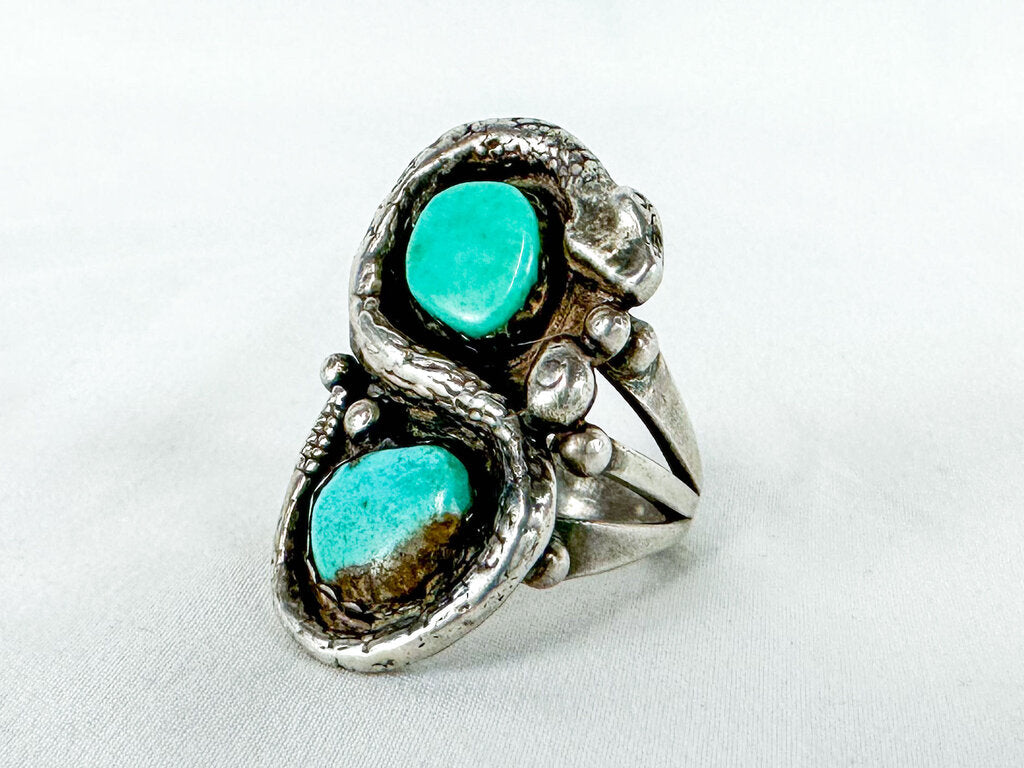 Vintage Sterling Silver & Turquoise Native American Made Snake Ring (Artist Symbol, Unmarked, Tested)