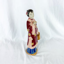 Load image into Gallery viewer, Vintage Ceramic Asian Lady Figurine with Red &amp; Blue Dress and Pink Handkerchief
