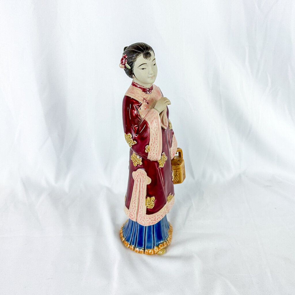 Vintage Ceramic Asian Lady Figurine with Red & Blue Dress and Pink Handkerchief