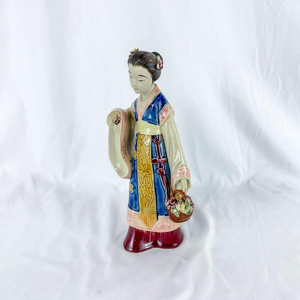 Vintage Ceramic Chinese Lady Figurine with Basket of Flowers